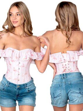 EU Steel Boned Corset Top Pink Flamingo Statement Lace Up NWT Various Sizes
